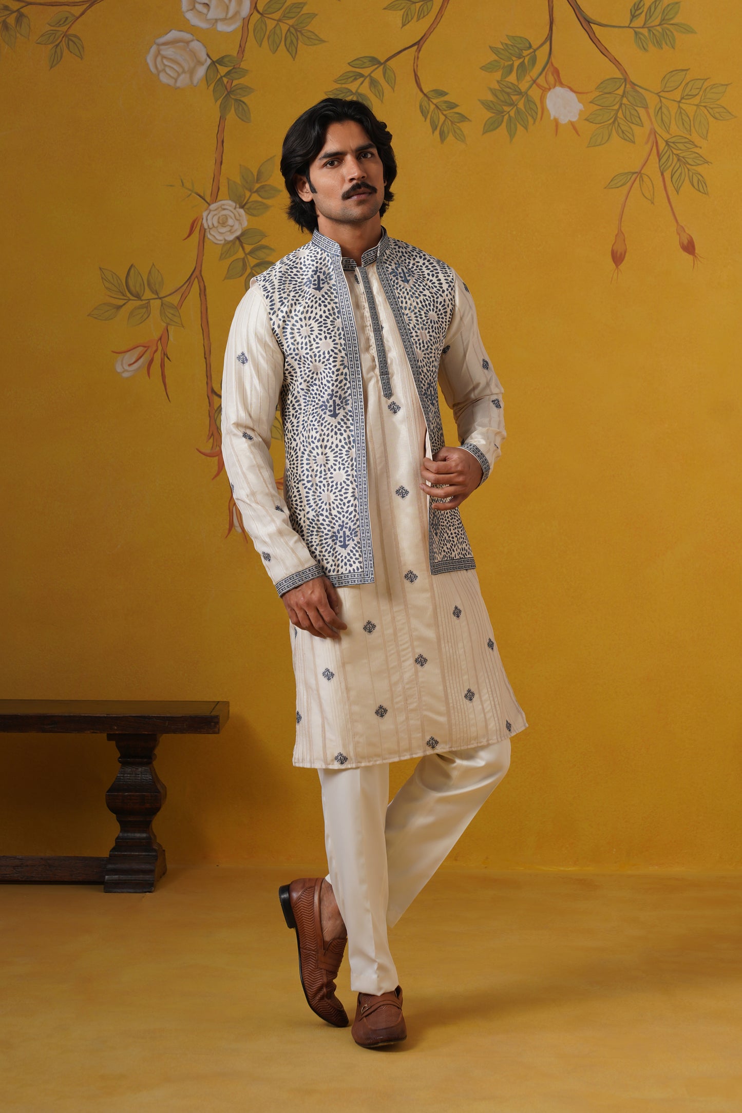 Cream Blue Ghicha Print Kurta Jacket Set