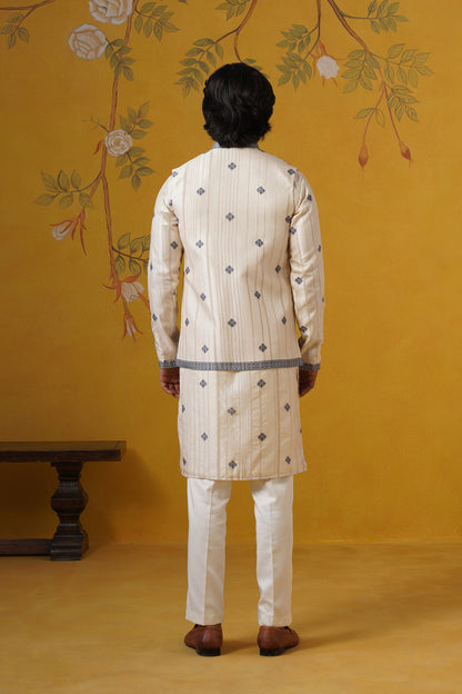 Cream Blue Ghicha Print Kurta Jacket Set