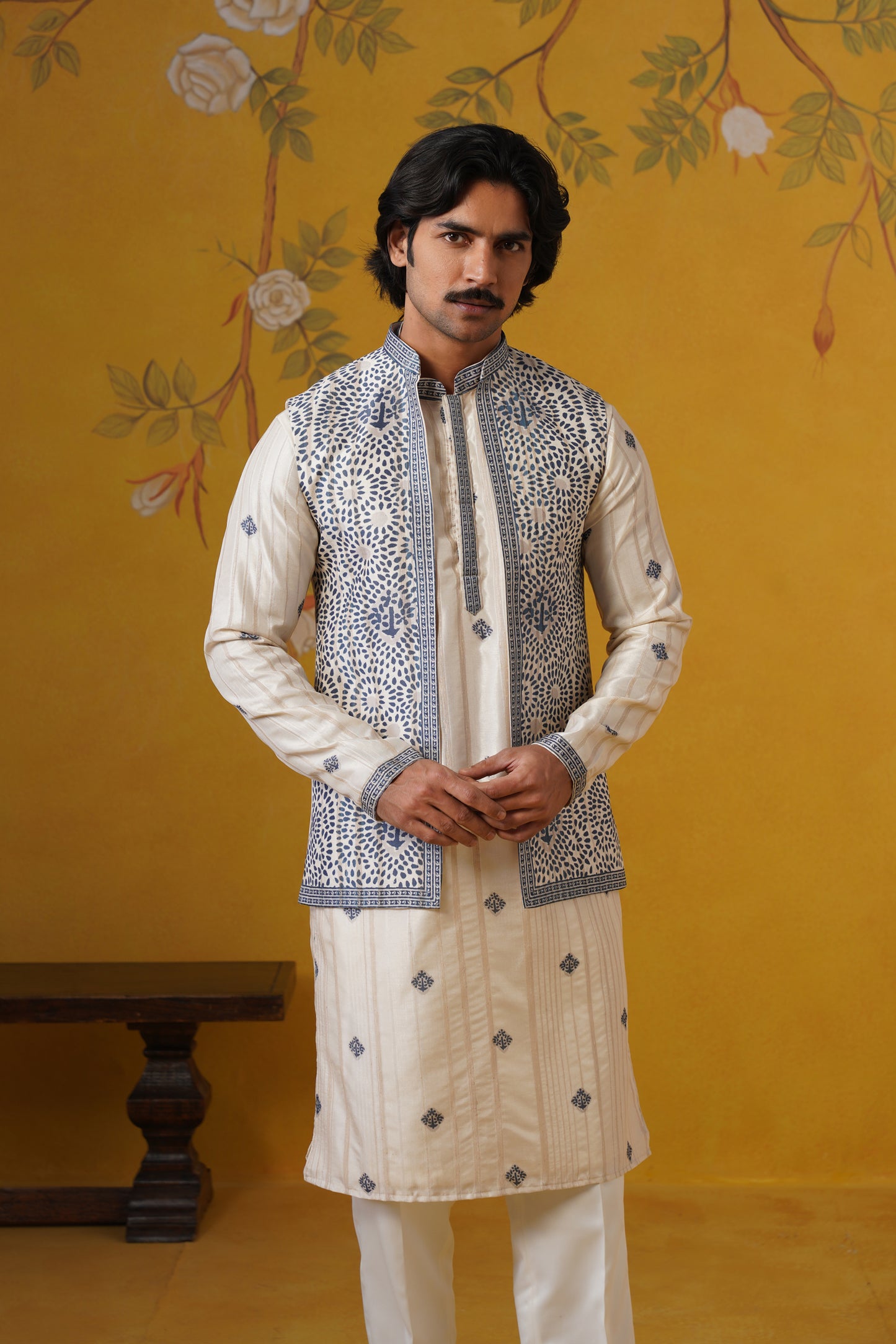 Cream Blue Ghicha Print Kurta Jacket Set