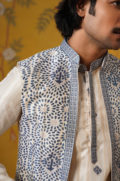 Cream Blue Ghicha Print Kurta Jacket Set