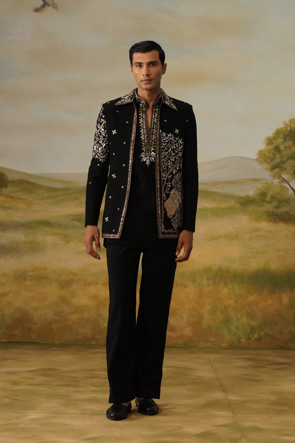 Babbar Black Zari Sequin Beadwork Kurta Jacket Set