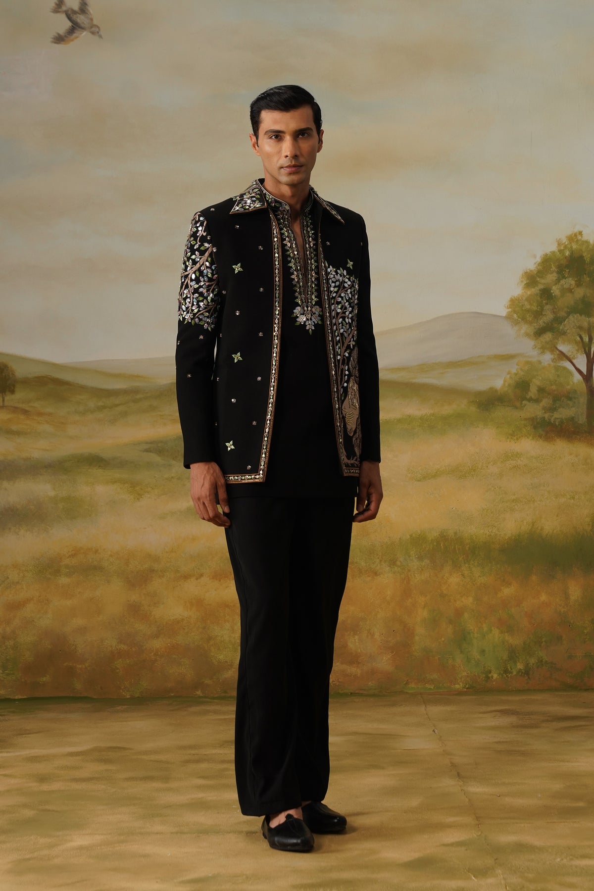 Babbar Black Zari Sequin Beadwork Kurta Jacket Set