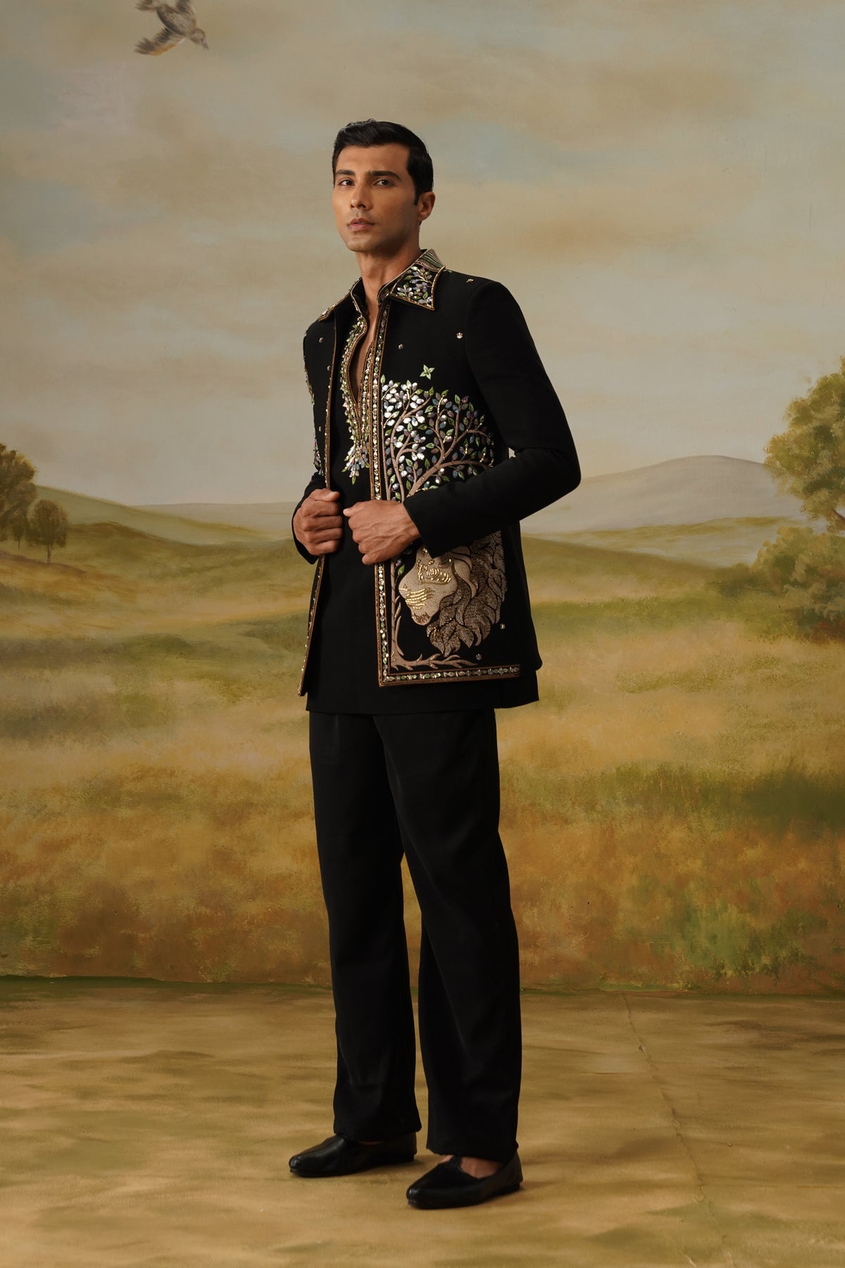 Babbar Black Zari Sequin Beadwork Kurta Jacket Set
