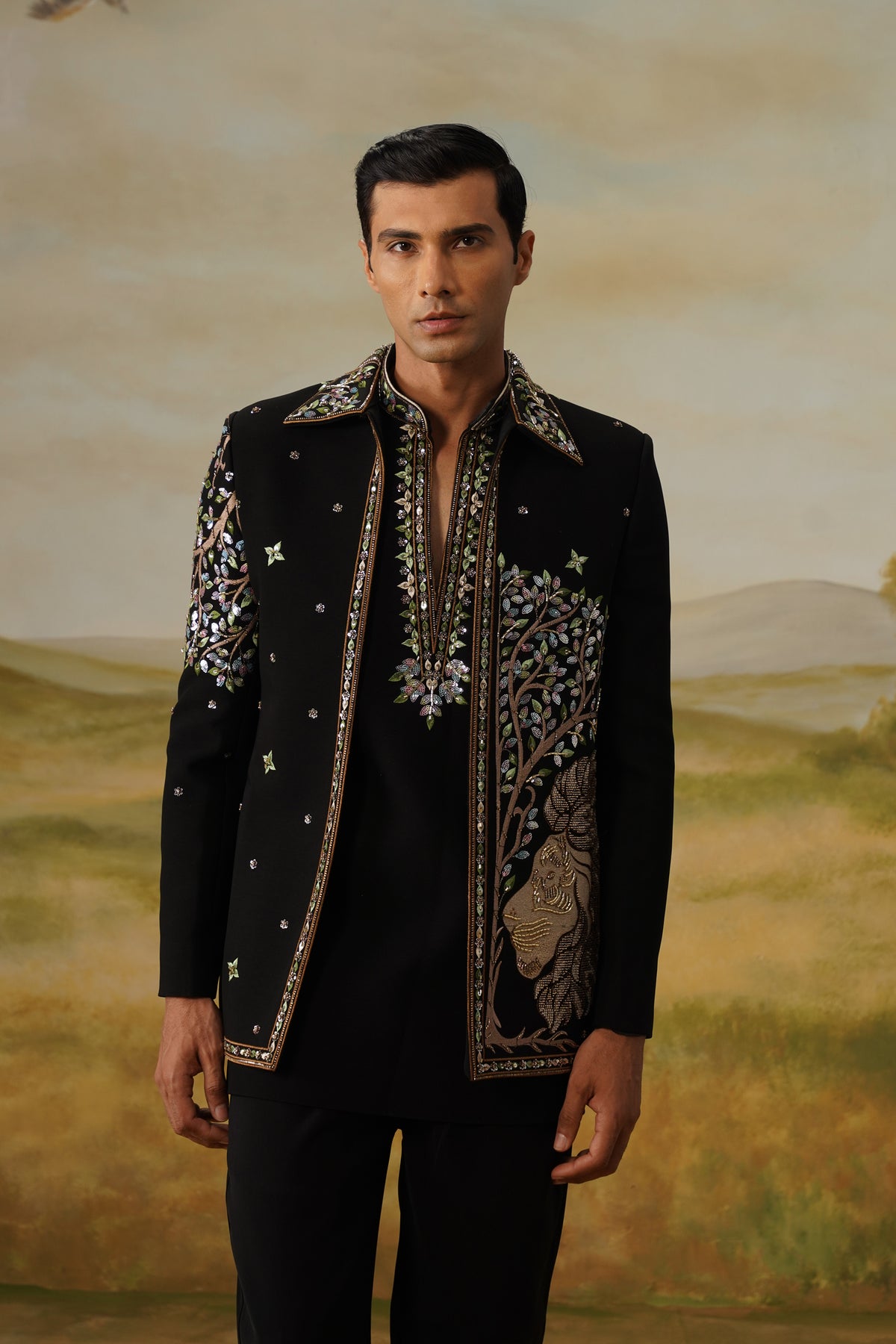 Babbar Black Zari Sequin Beadwork Kurta Jacket Set