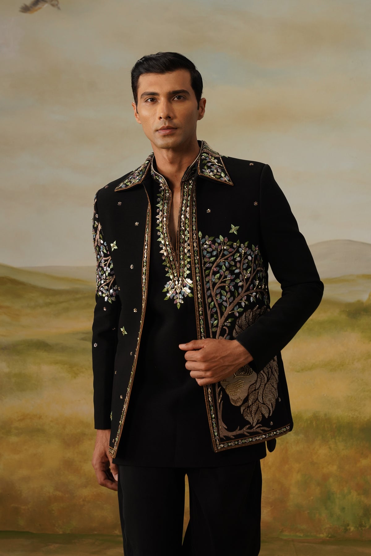 Babbar Black Zari Sequin Beadwork Kurta Jacket Set