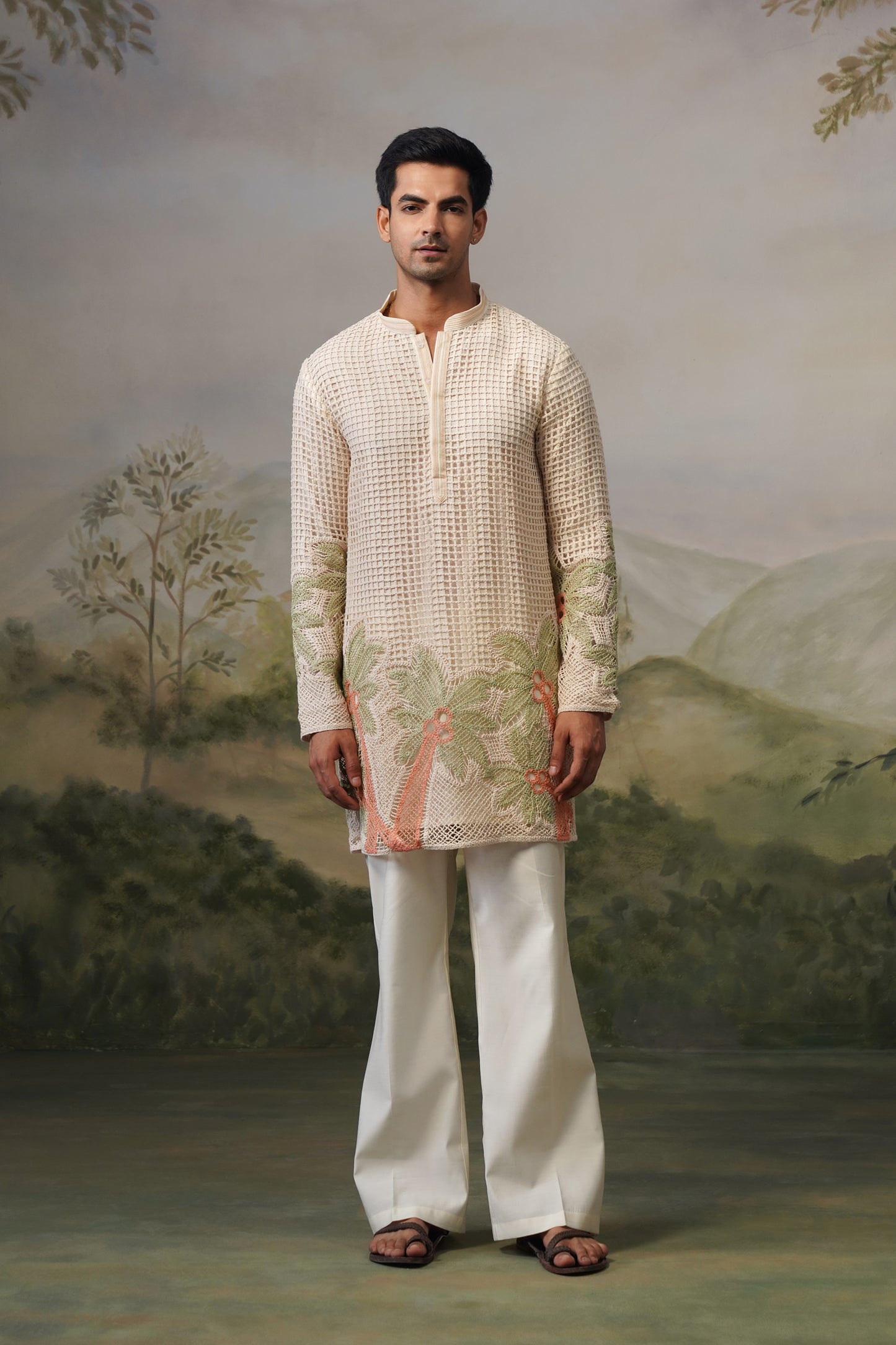 Taru Ivory Net Crochet Kurta Set