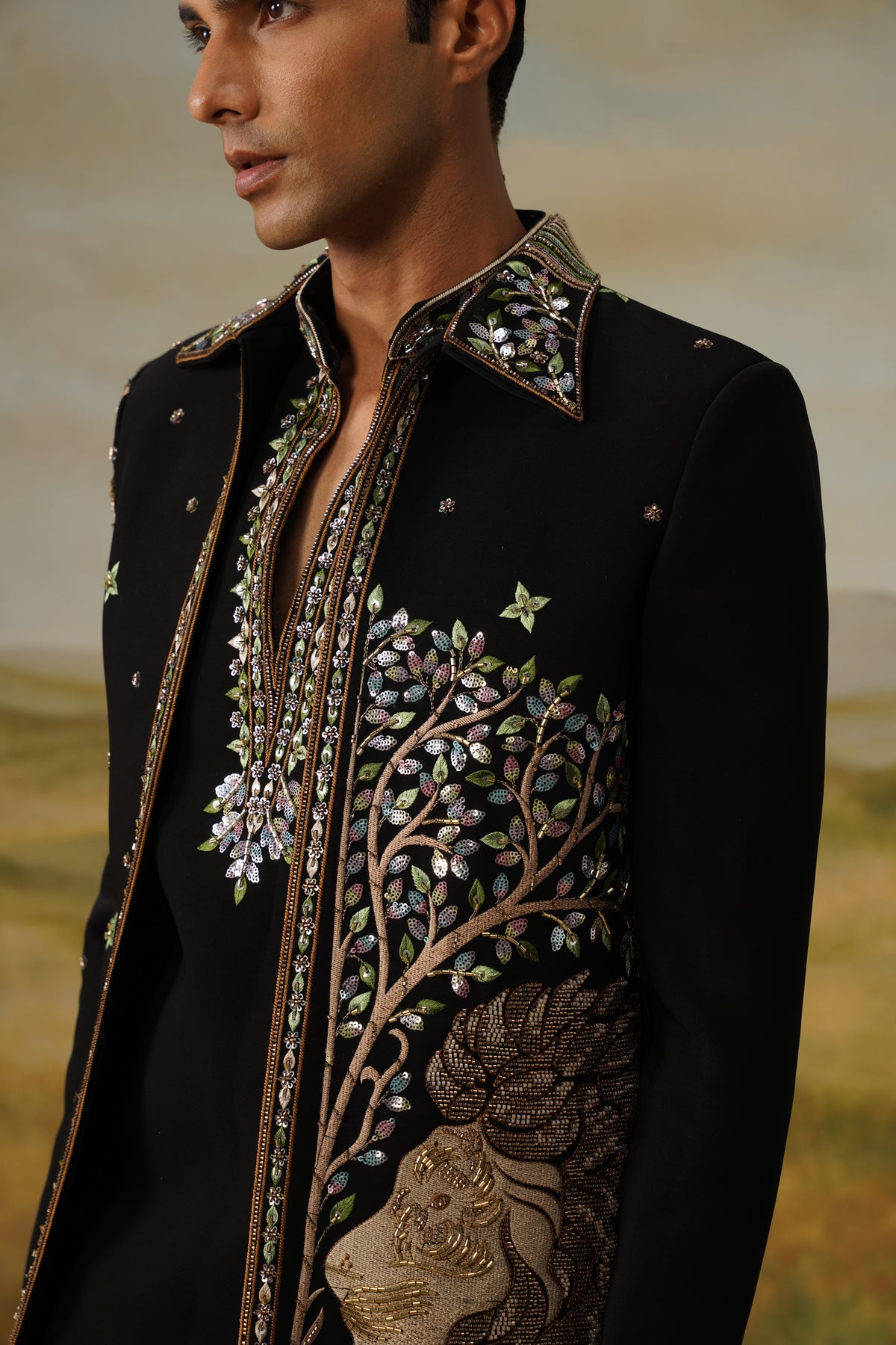 Babbar Black Zari Sequin Beadwork Kurta Jacket Set