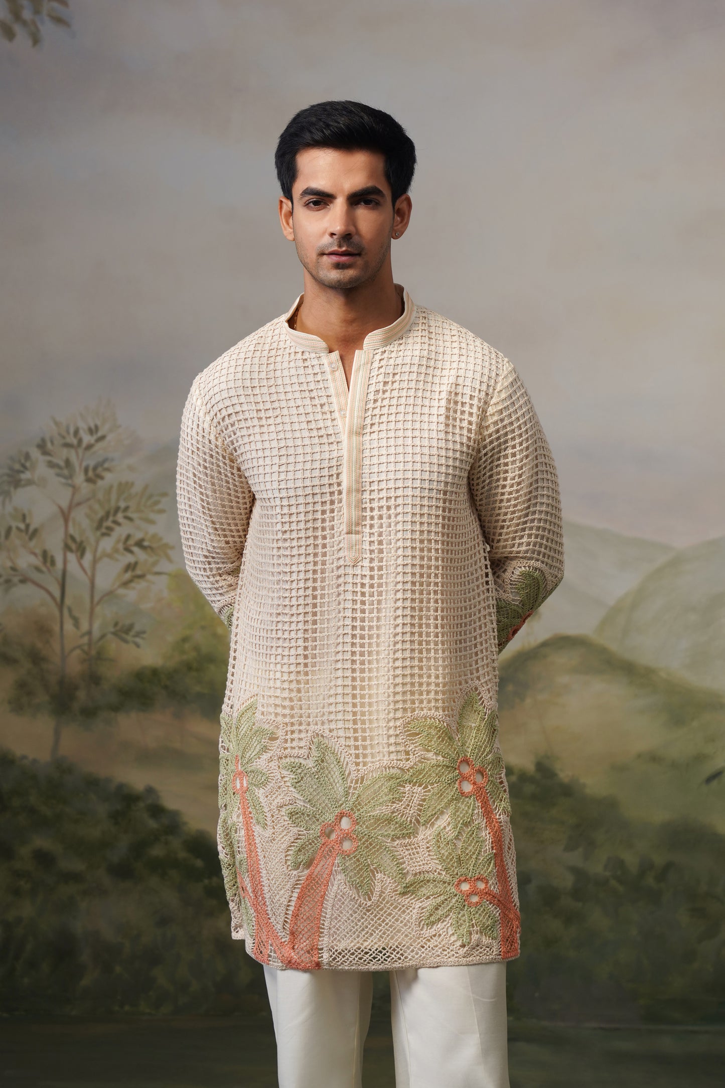 Taru Ivory Net Crochet Kurta Set