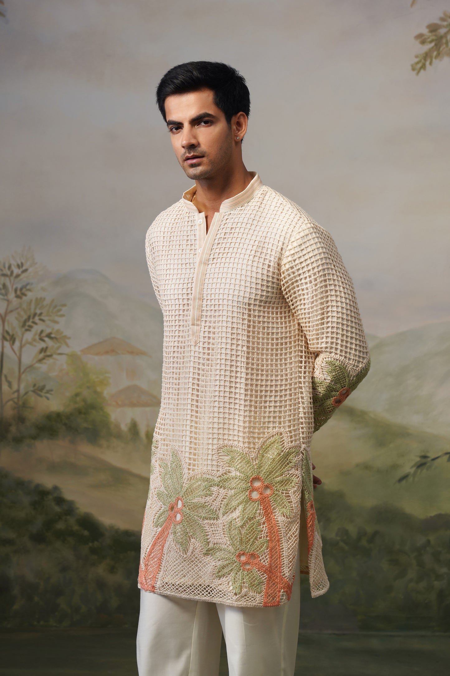Taru Ivory Net Crochet Kurta Set