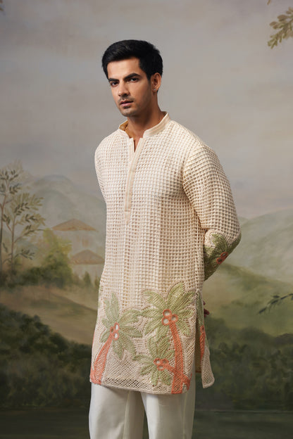 Taru Ivory Net Crochet Kurta Set