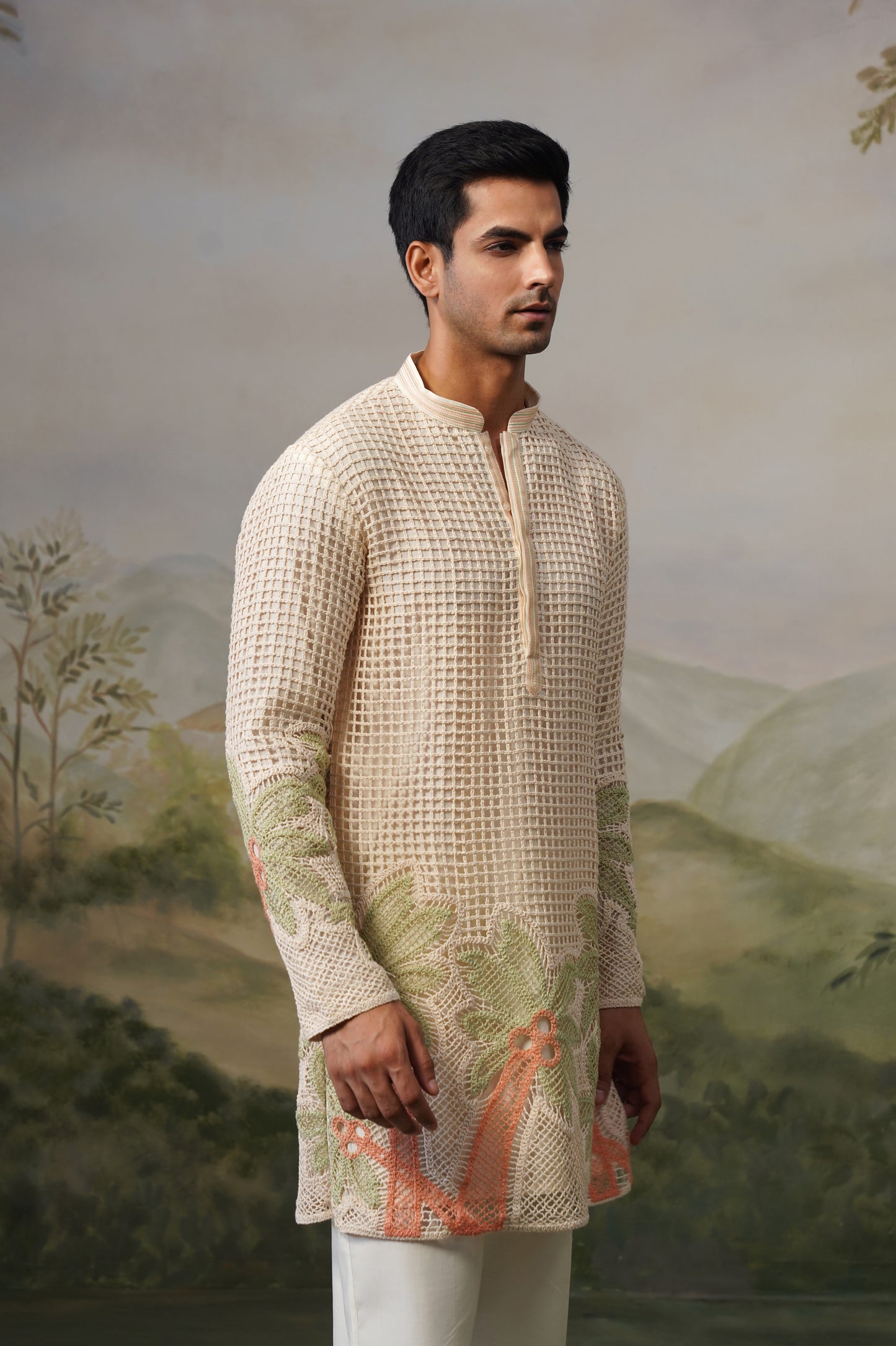 Taru Ivory Net Crochet Kurta Set