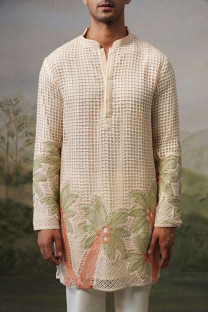 Taru Ivory Net Crochet Kurta Set