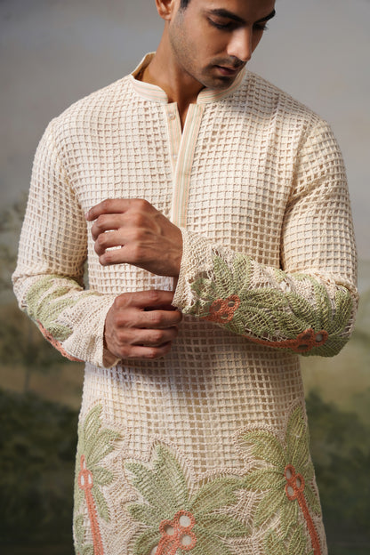 Taru Ivory Net Crochet Kurta Set
