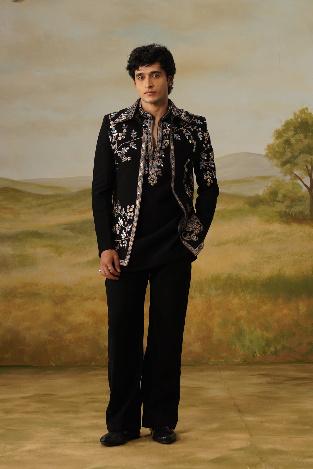 Shaakh Black Zari Sequin Beadwork Kurta Jacket Set