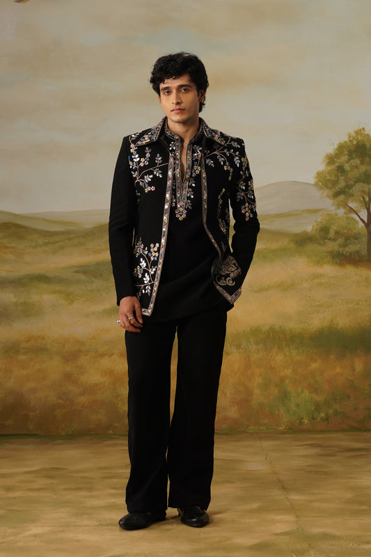 Shaakh Black Zari Sequin Beadwork Kurta Jacket Set