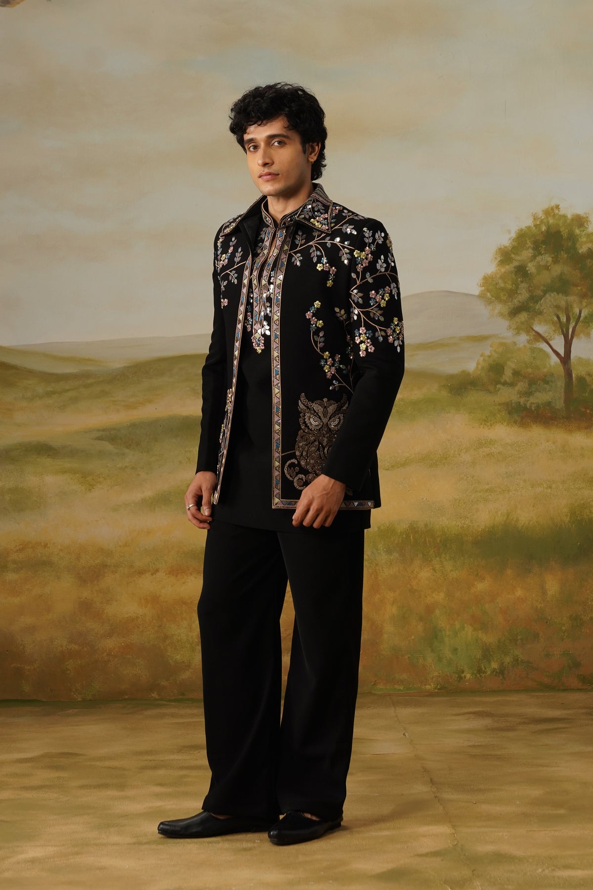 Shaakh Black Zari Sequin Beadwork Kurta Jacket Set