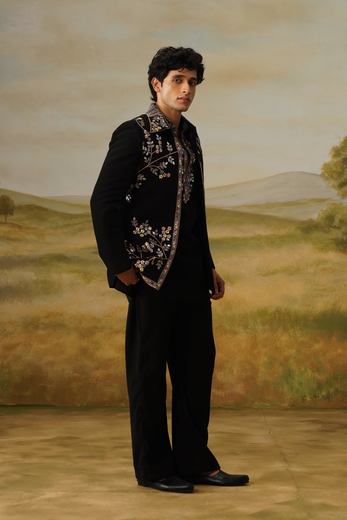 Shaakh Black Zari Sequin Beadwork Kurta Jacket Set
