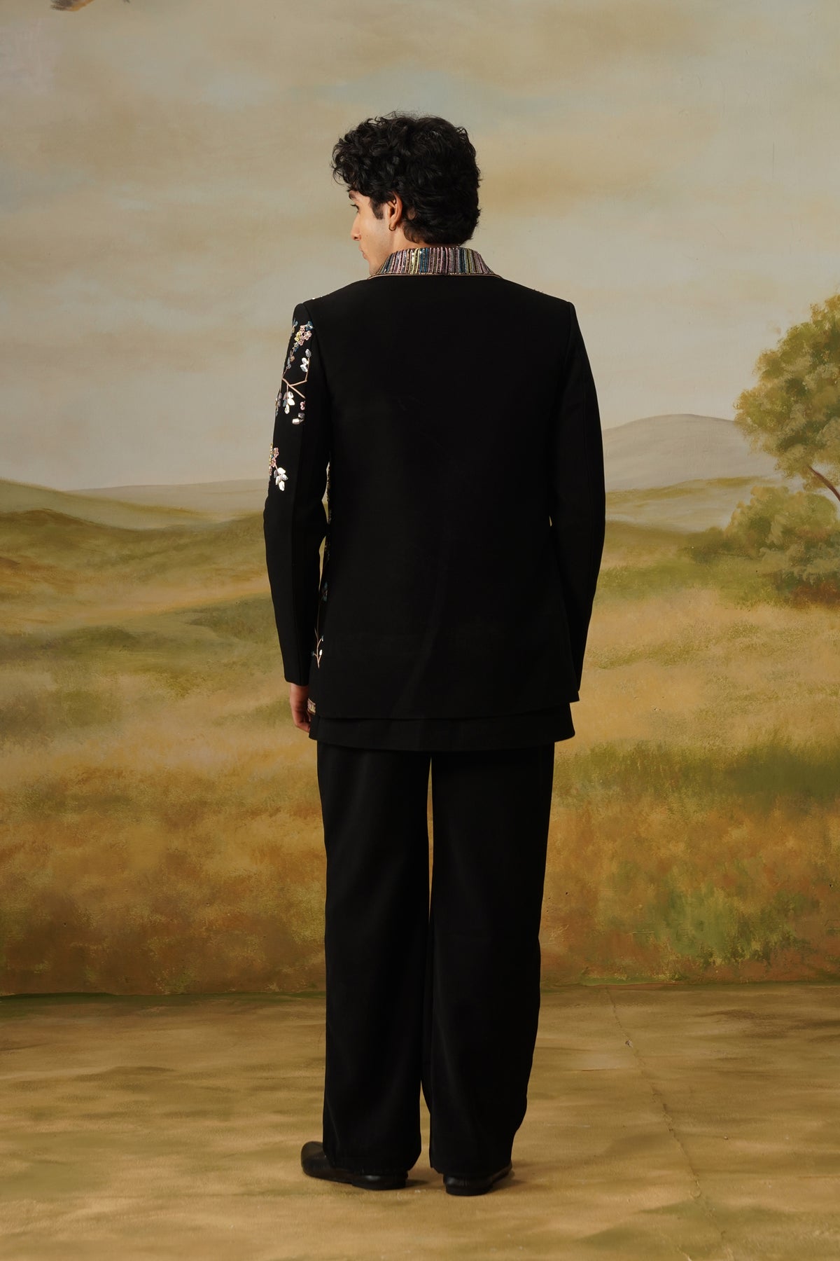 Shaakh Black Zari Sequin Beadwork Kurta Jacket Set