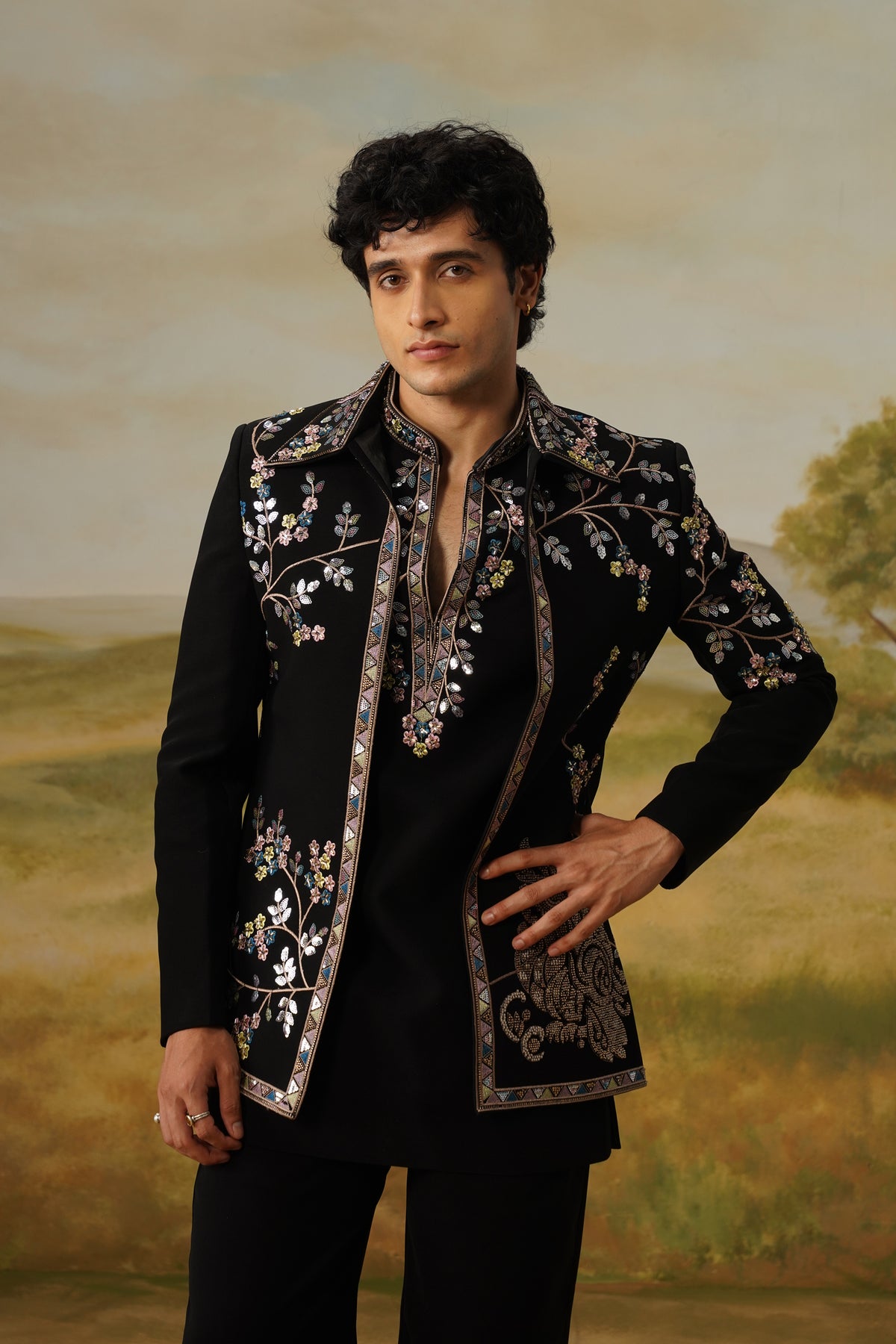 Shaakh Black Zari Sequin Beadwork Kurta Jacket Set