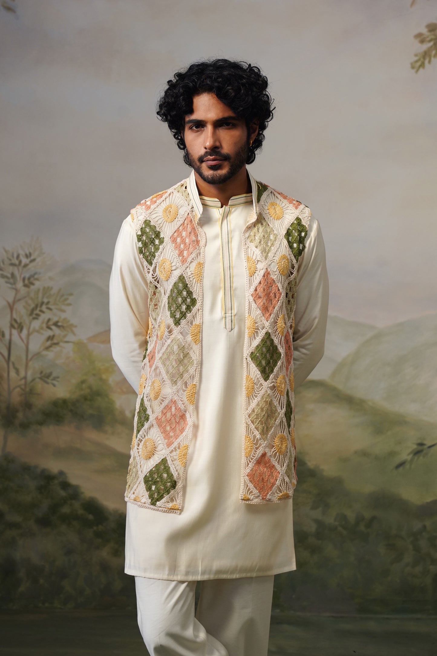 Suraj Ivory Crochet Jacket Set