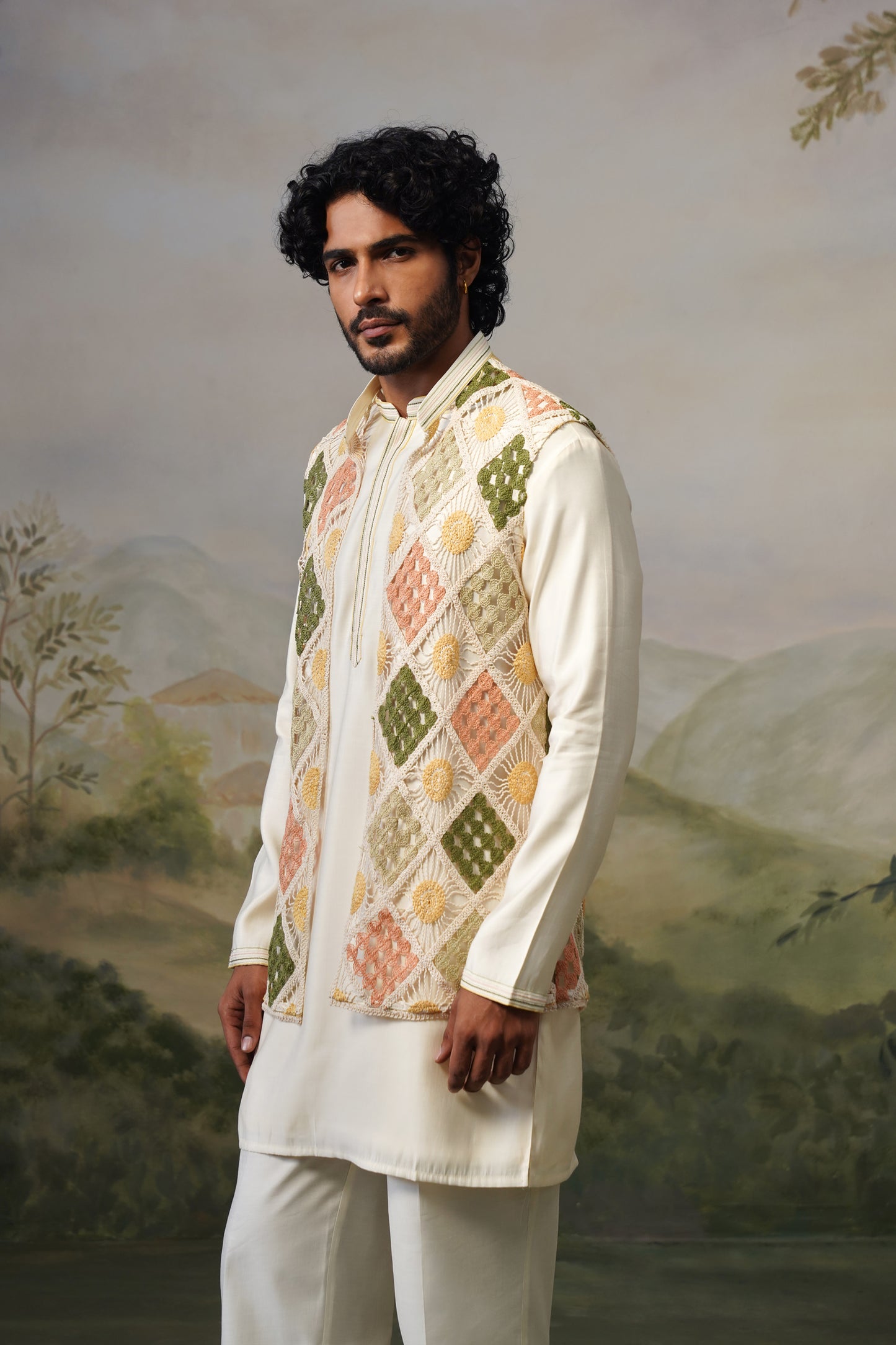 Suraj Ivory Crochet Jacket Set