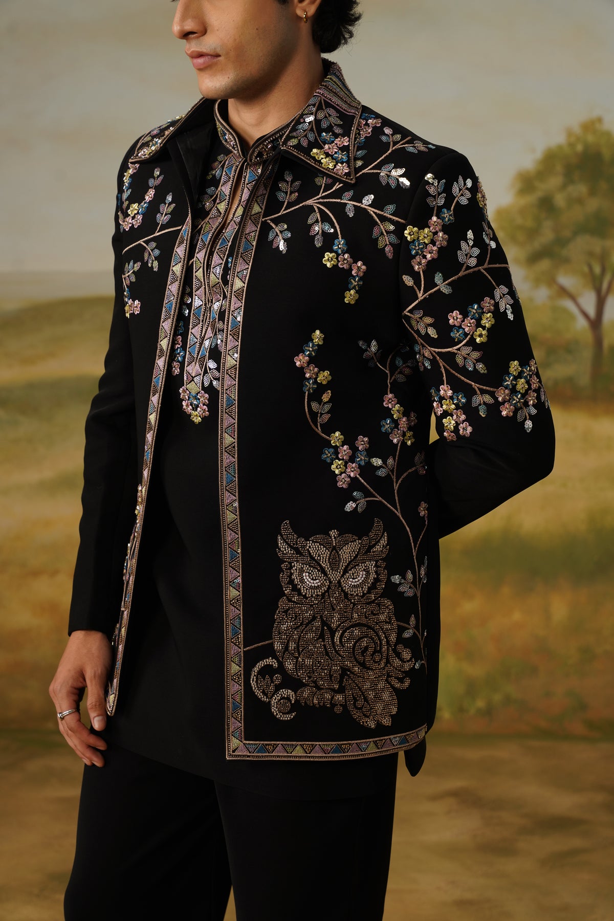 Shaakh Black Zari Sequin Beadwork Kurta Jacket Set