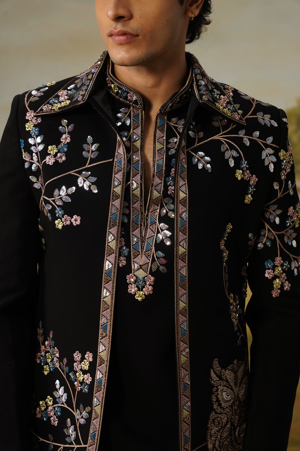 Shaakh Black Zari Sequin Beadwork Kurta Jacket Set