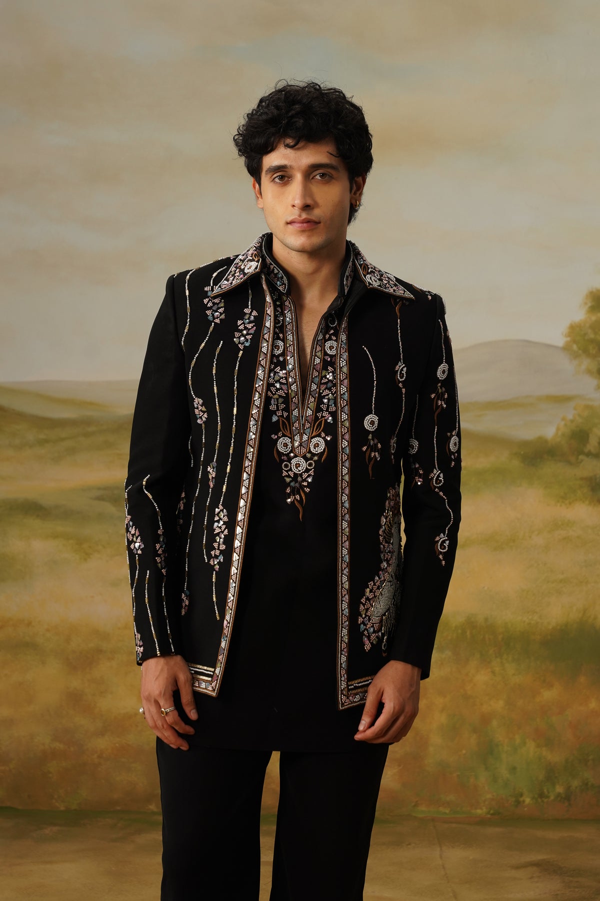 Chaman Black Zari Beadwork Kurta Jacket Set