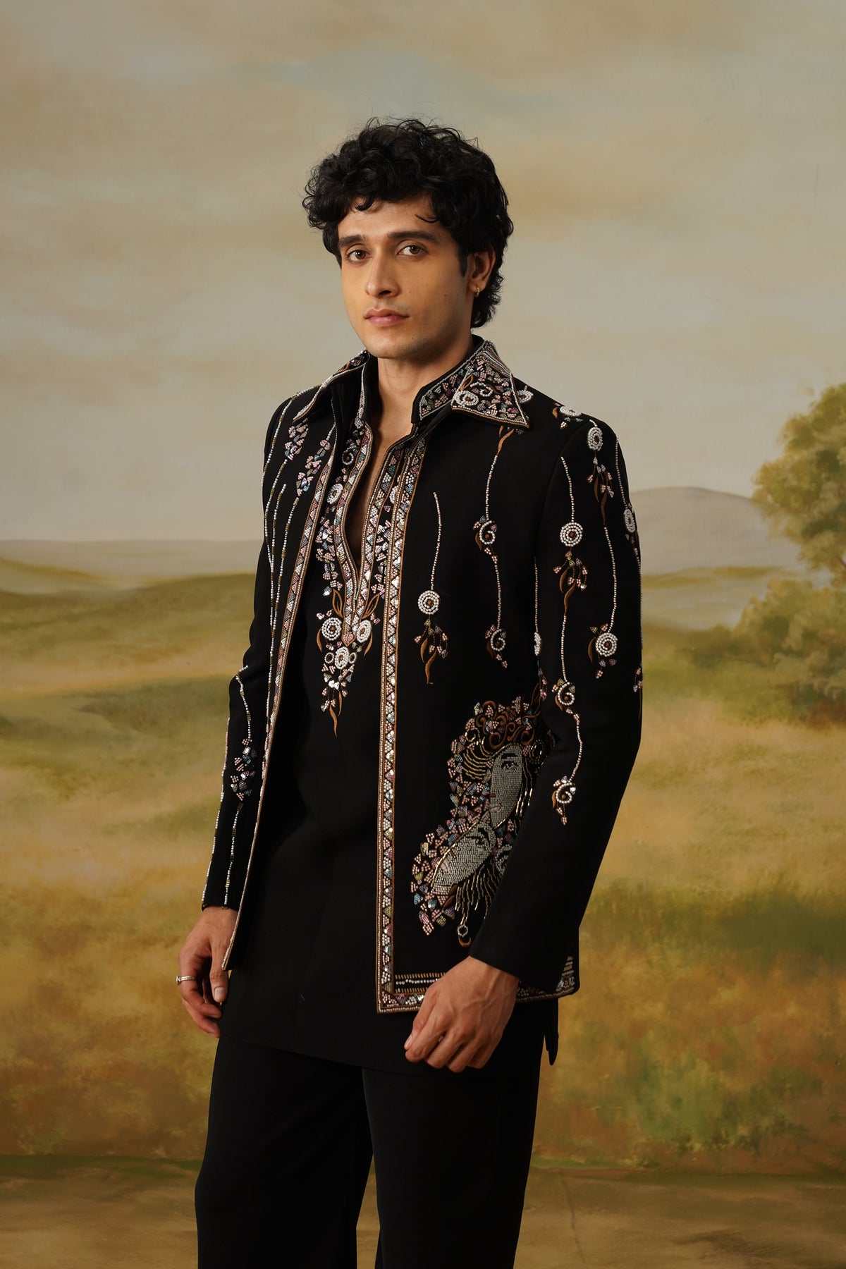 Chaman Black Zari Beadwork Kurta Jacket Set