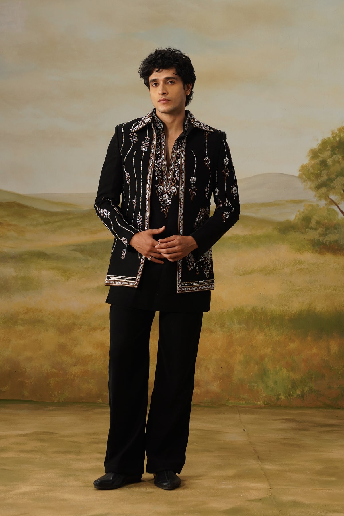 Chaman Black Zari Beadwork Kurta Jacket Set