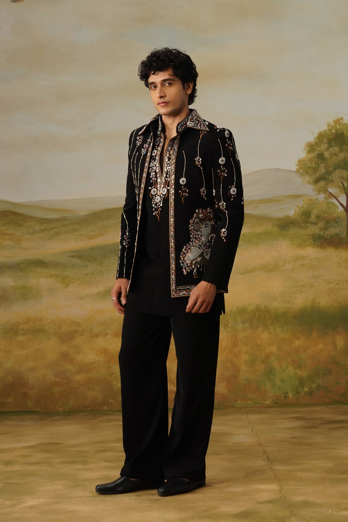 Chaman Black Zari Beadwork Kurta Jacket Set