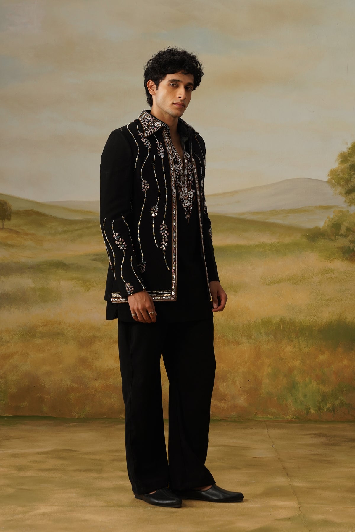 Chaman Black Zari Beadwork Kurta Jacket Set