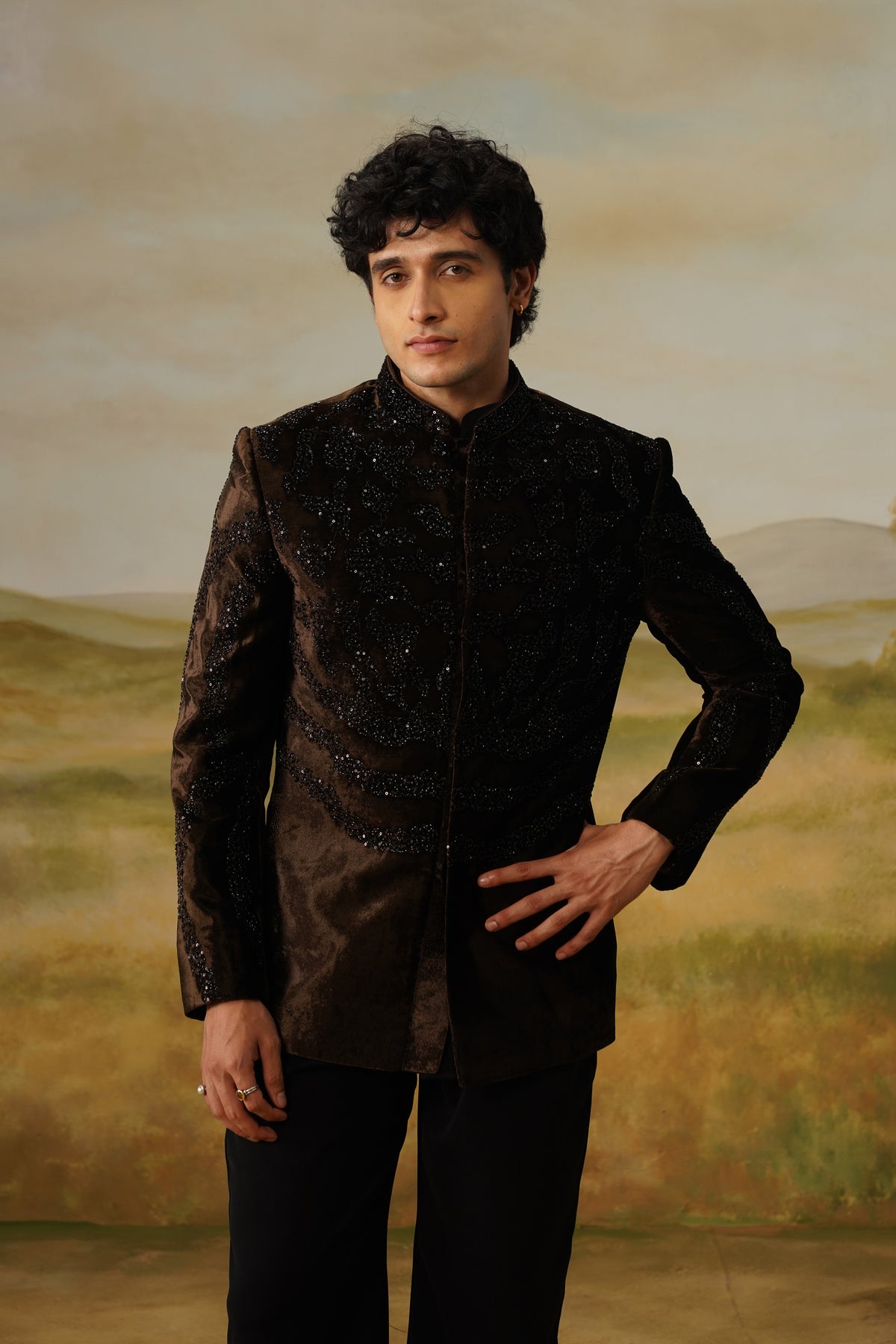 Abnoos Brown Velvet Jet Beadwork Jodhpuri Set