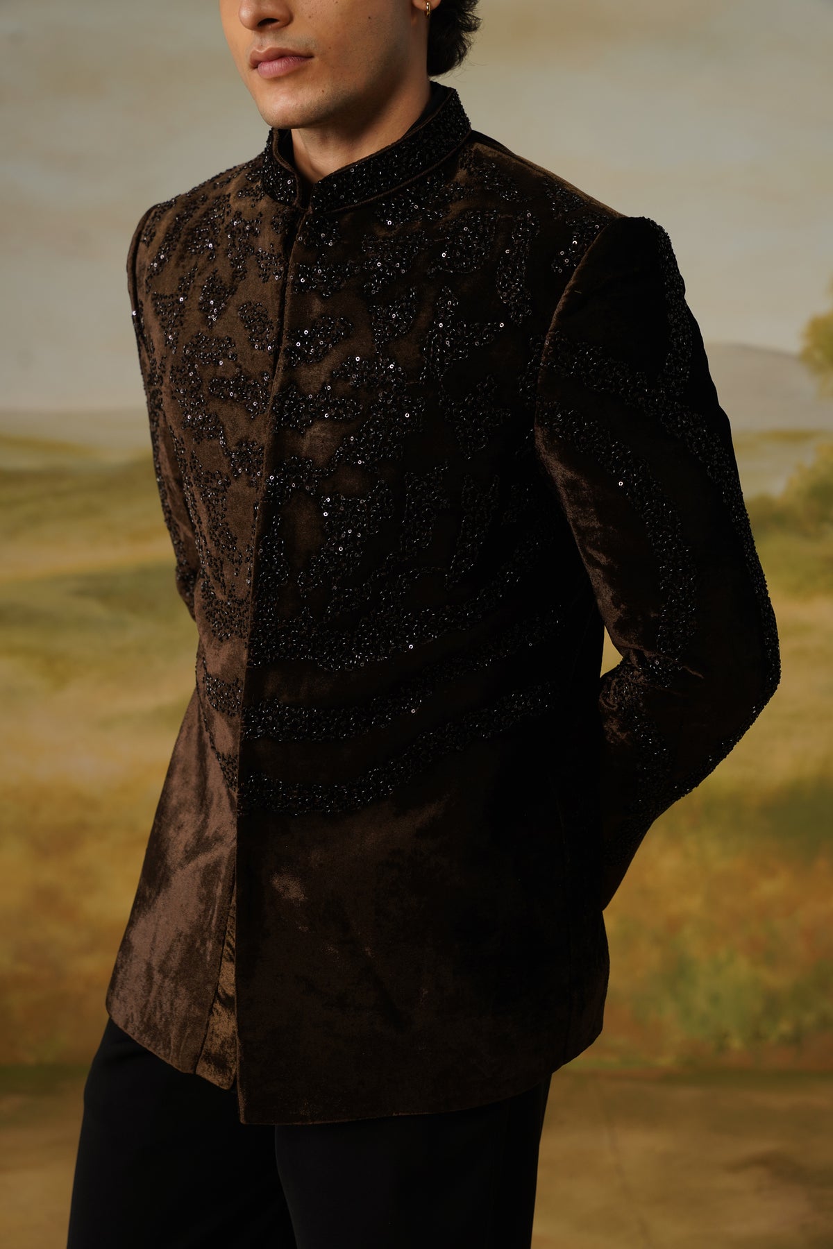 Abnoos Brown Velvet Jet Beadwork Jodhpuri Set
