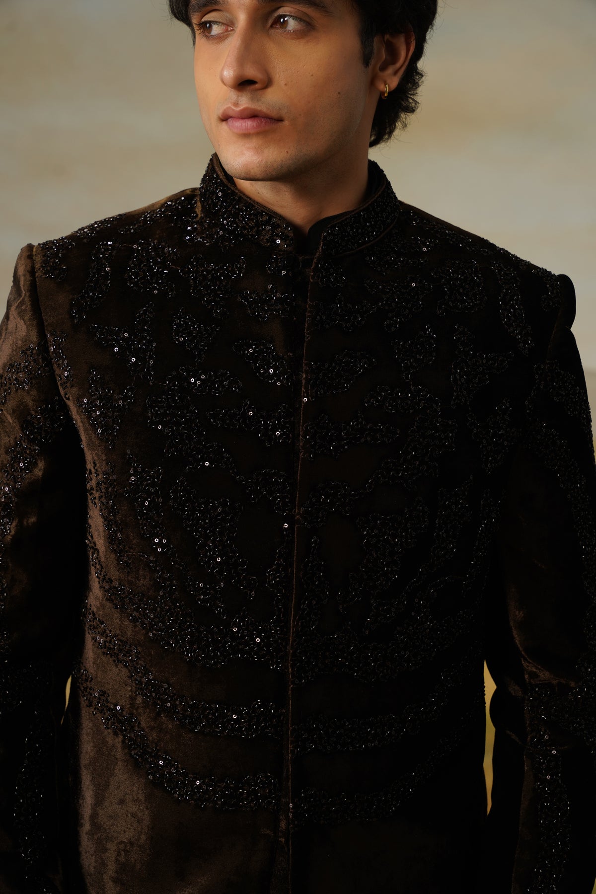 Abnoos Brown Velvet Jet Beadwork Jodhpuri Set