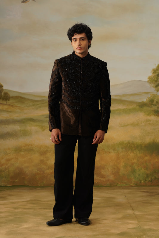 Abnoos Brown Velvet Jet Beadwork Jodhpuri Set