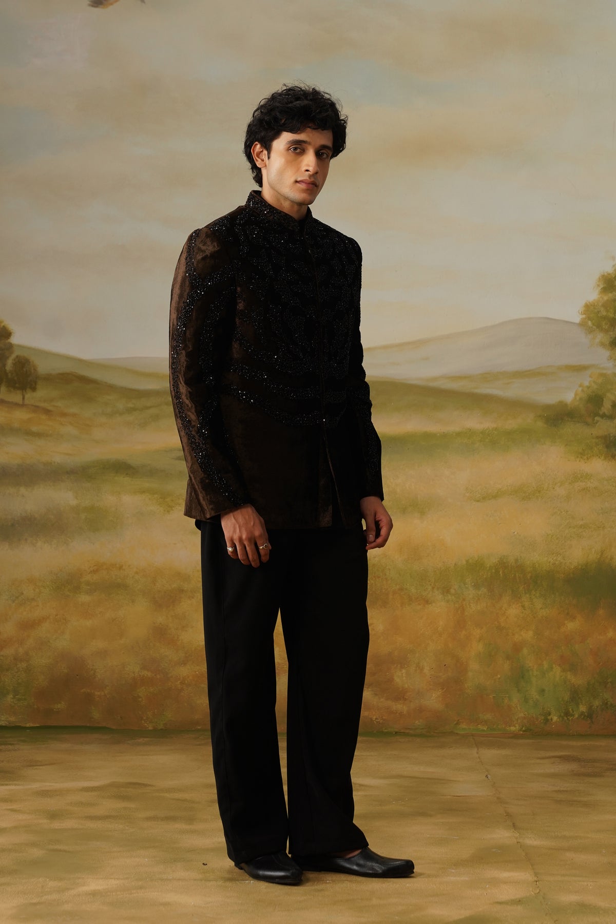Abnoos Brown Velvet Jet Beadwork Jodhpuri Set