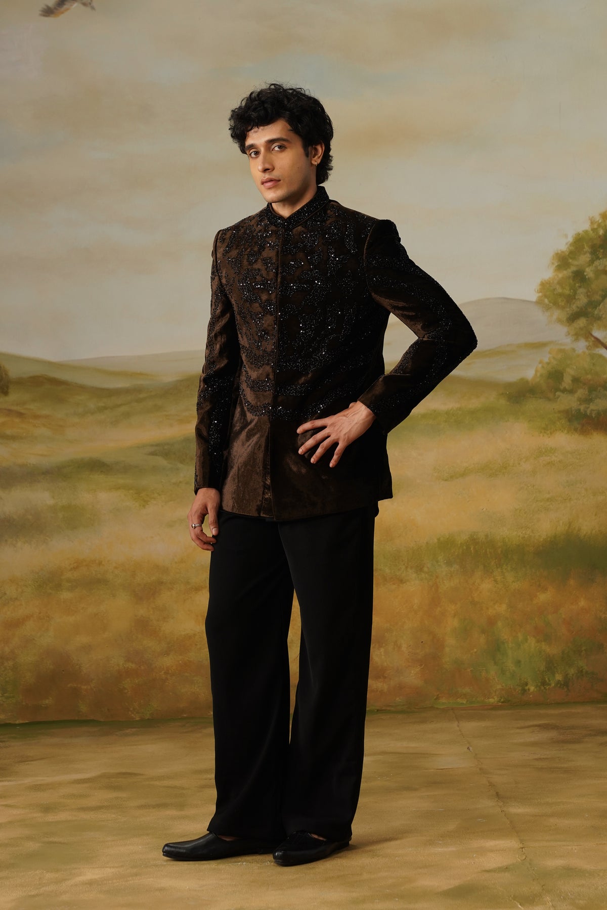 Abnoos Brown Velvet Jet Beadwork Jodhpuri Set