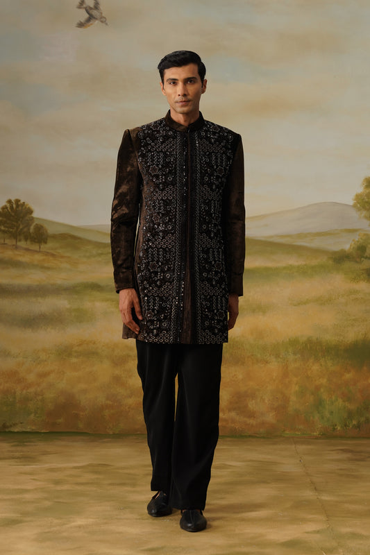 Shamsheer Brown Velvet Cutdana Beadwork Sherwani Set