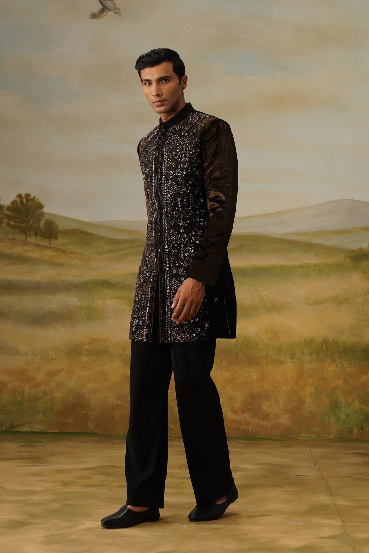 Shamsheer Brown Velvet Cutdana Beadwork Sherwani Set