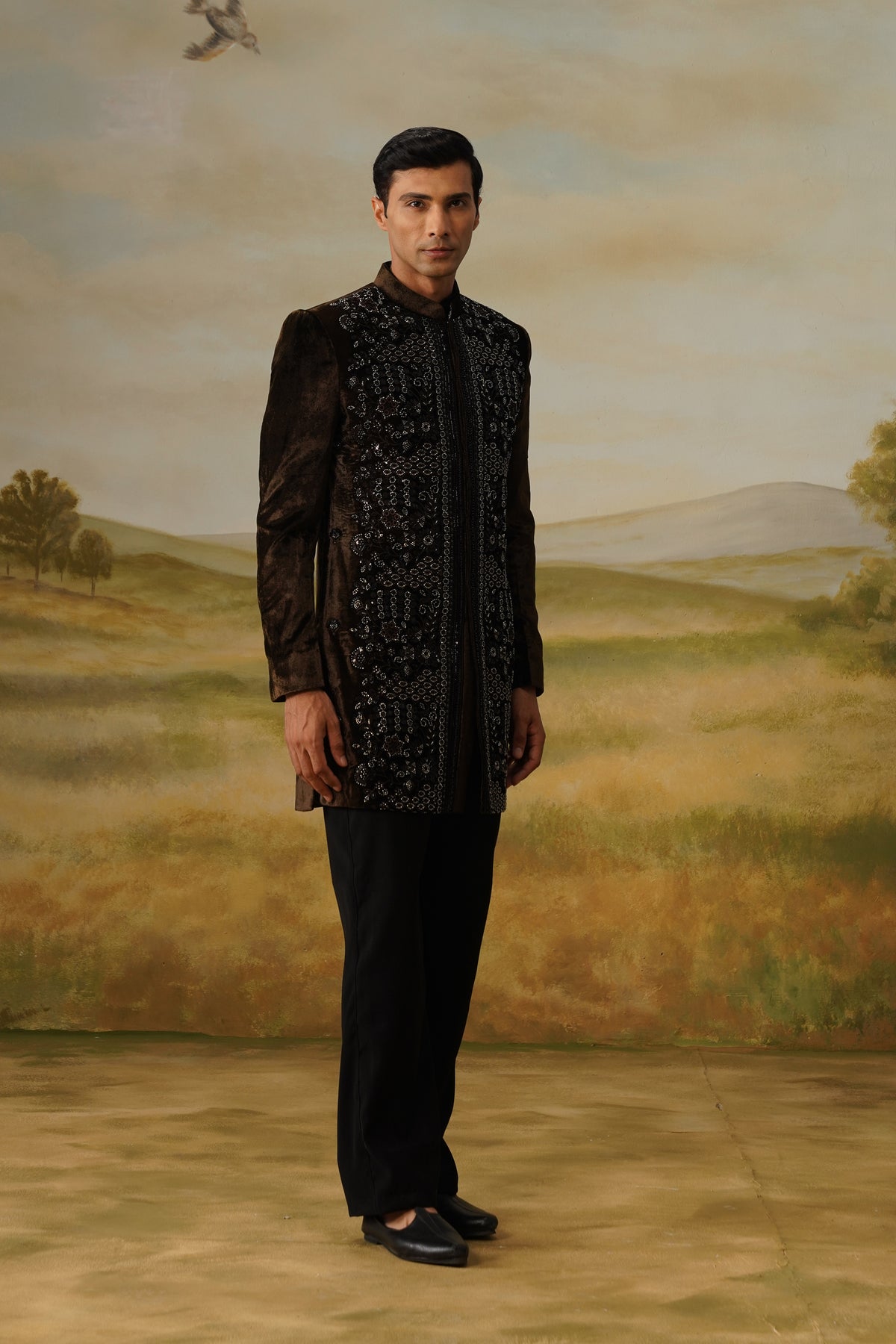 Shamsheer Brown Velvet Cutdana Beadwork Sherwani Set
