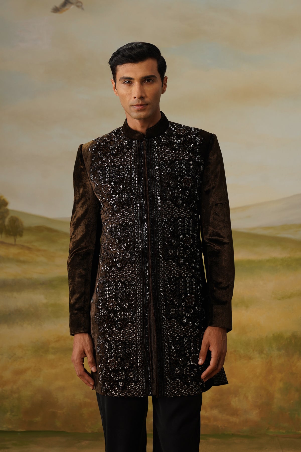 Shamsheer Brown Velvet Cutdana Beadwork Sherwani Set