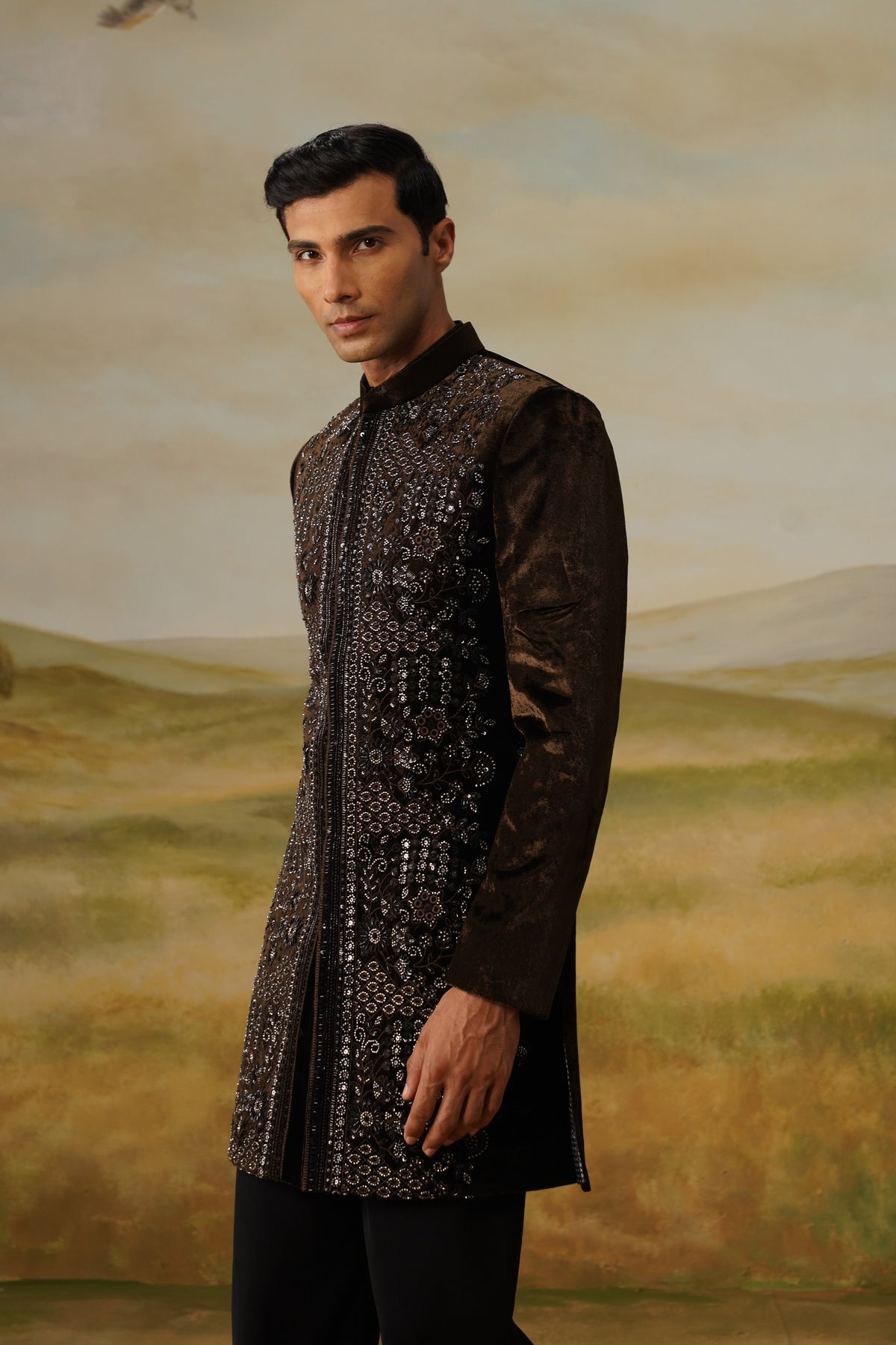 Shamsheer Brown Velvet Cutdana Beadwork Sherwani Set