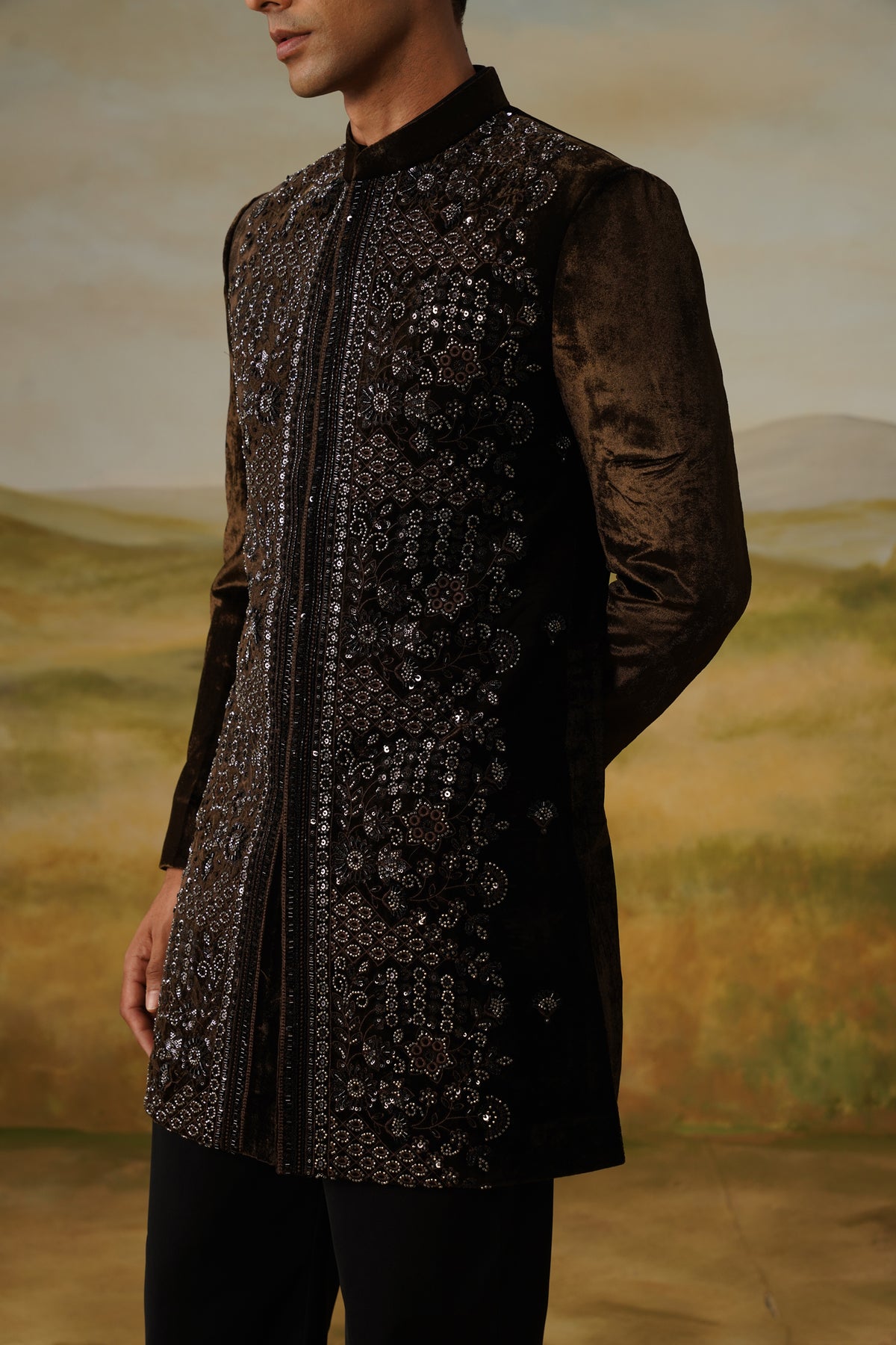 Shamsheer Brown Velvet Cutdana Beadwork Sherwani Set