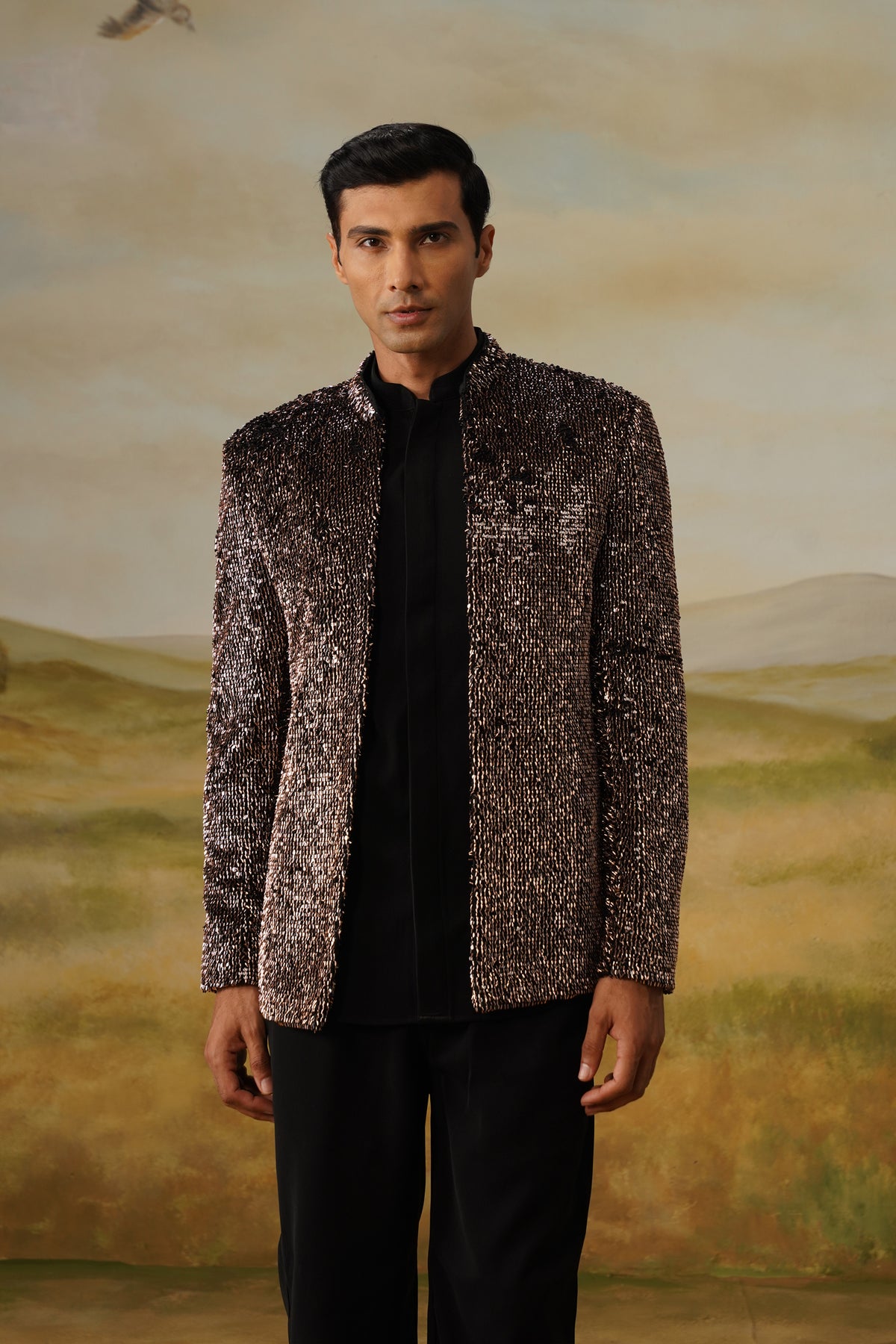 Kaansa Bronze Glass Bead Sequin Jodhpuri Set