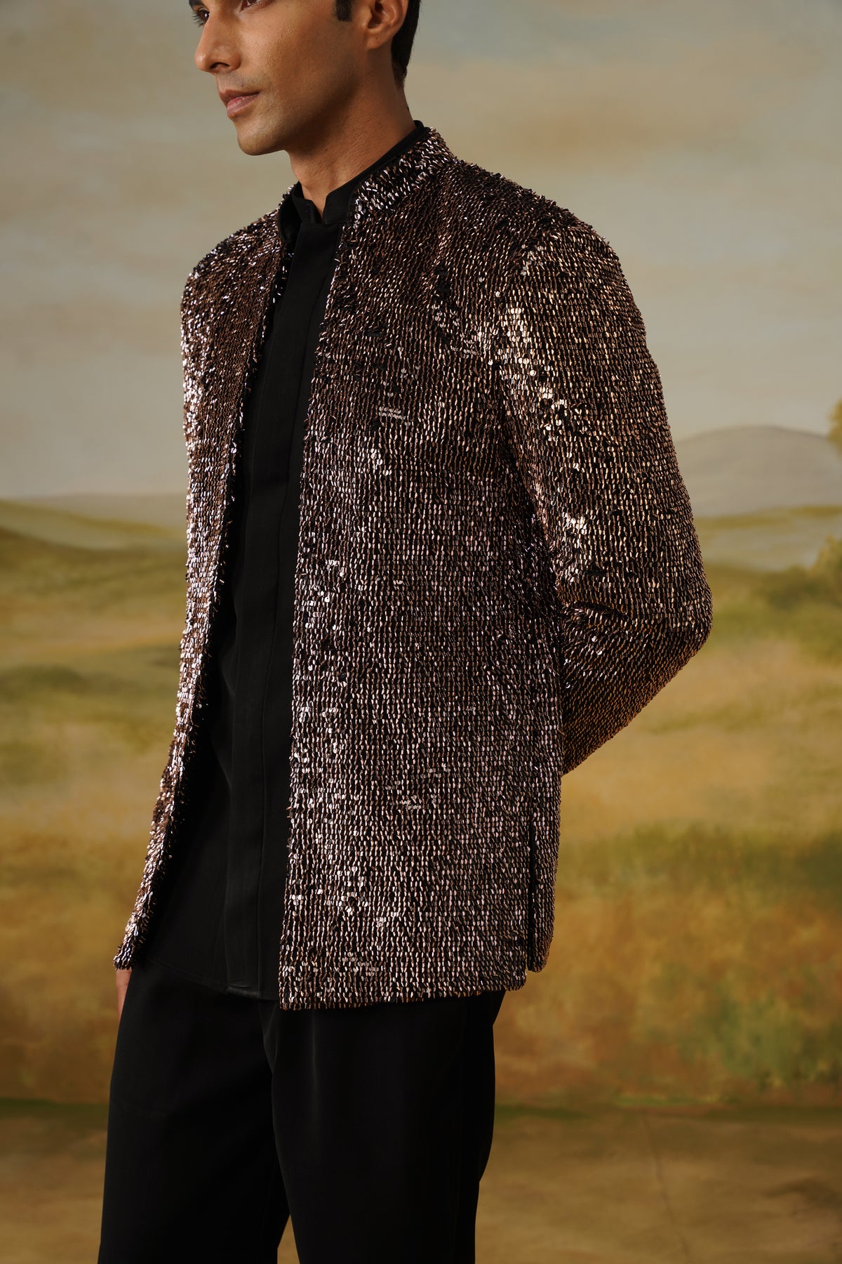 Kaansa Bronze Glass Bead Sequin Jodhpuri Set