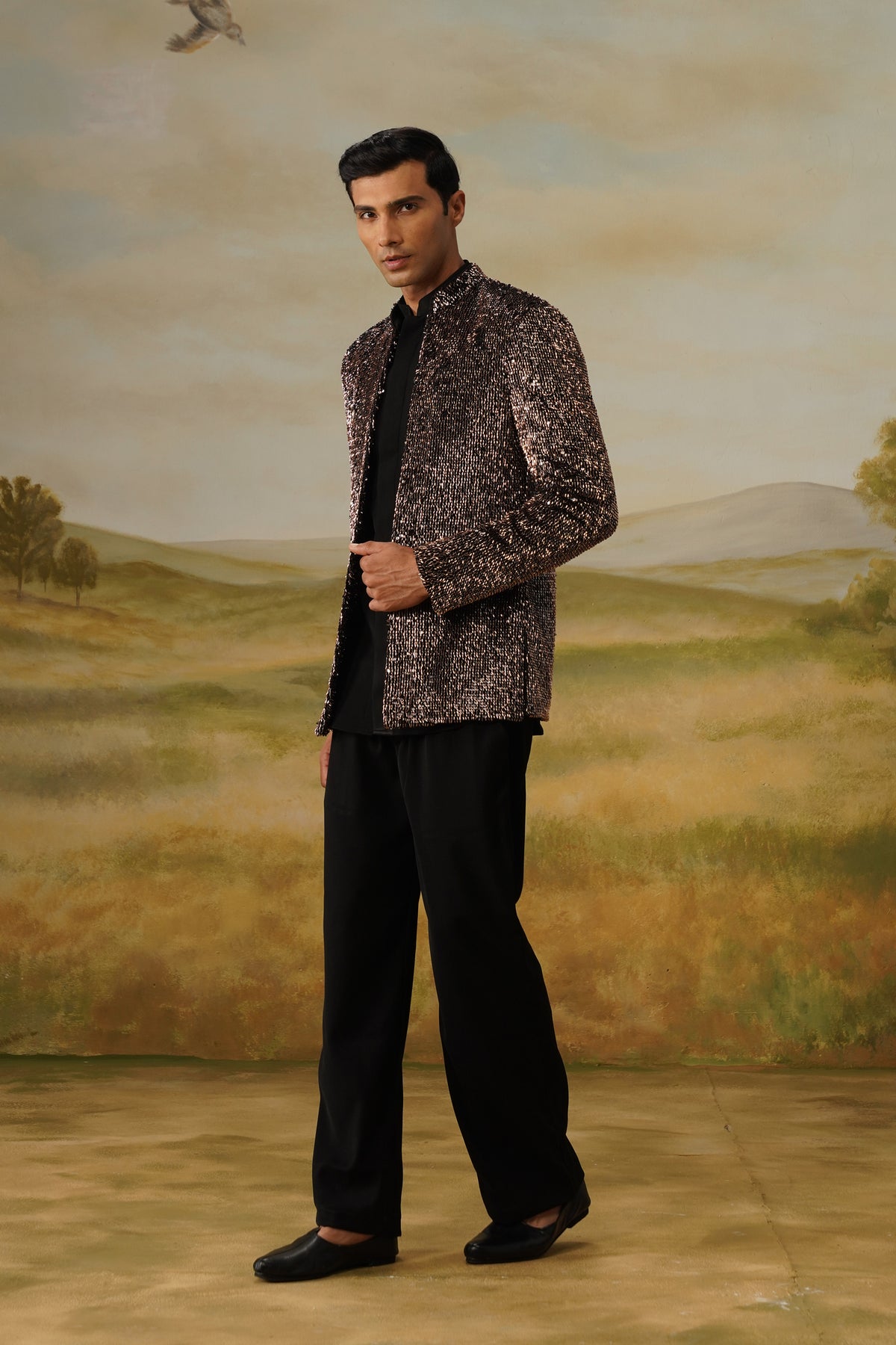 Kaansa Bronze Glass Bead Sequin Jodhpuri Set