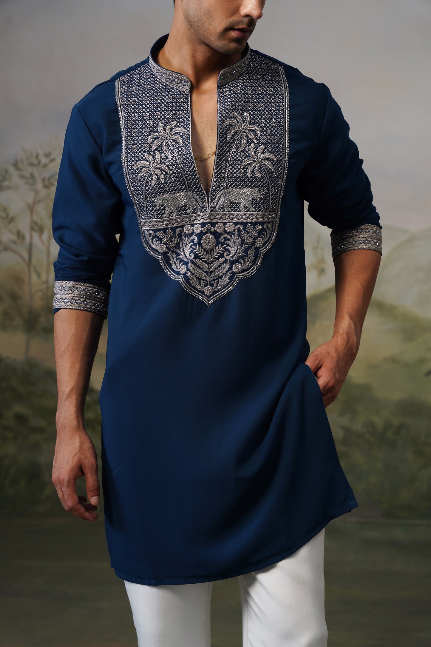 Gajraj Navy Bead Embroidered Kurta Set