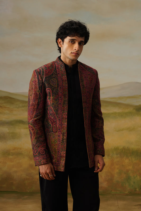 Dushala Maroon Pashmina Jacquard Jodhpuri Set