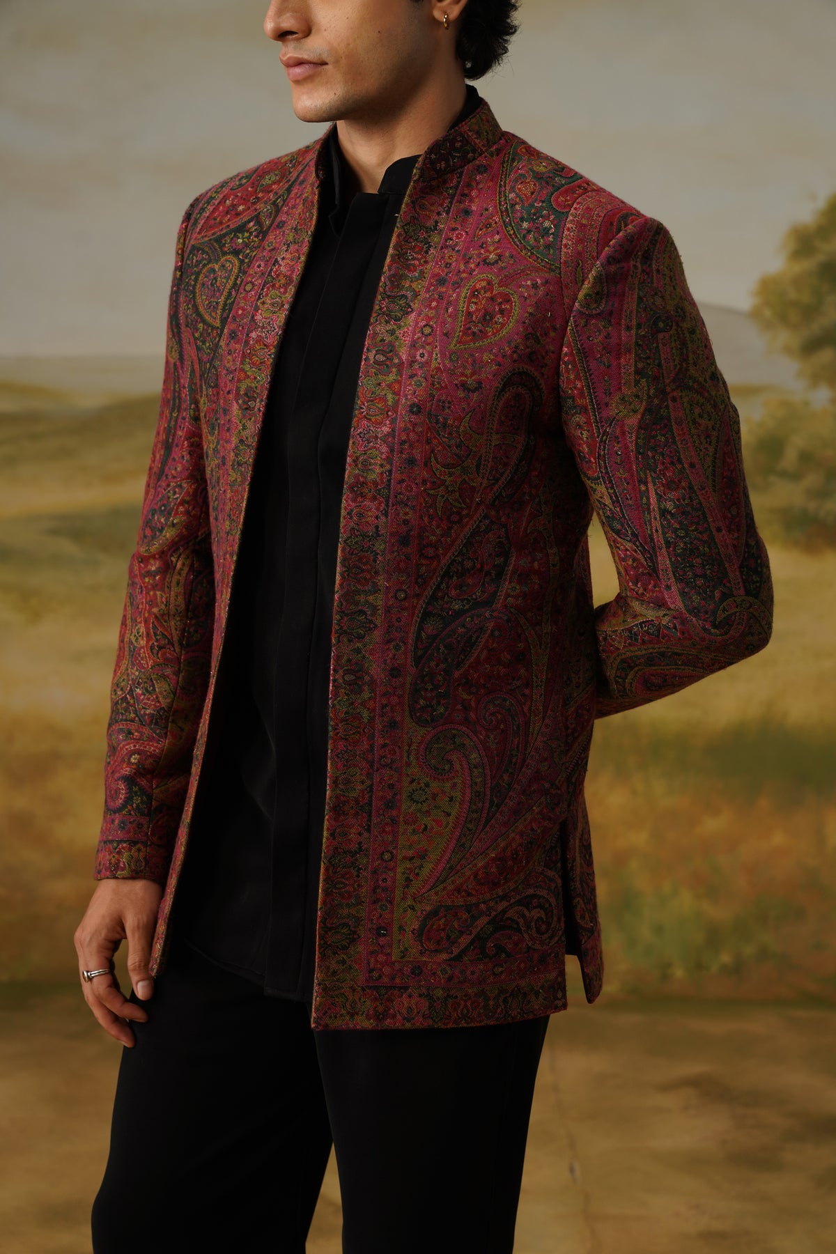 Dushala Maroon Pashmina Jacquard Jodhpuri Set